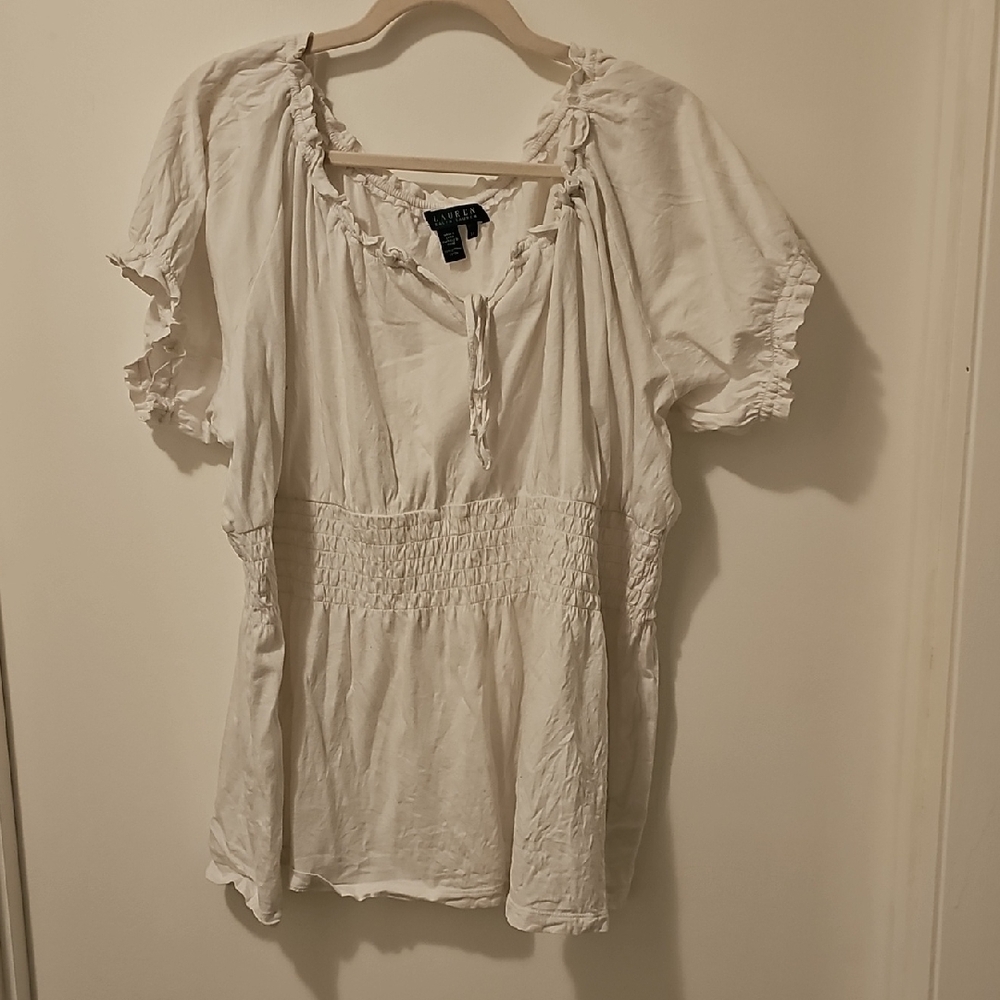 Ralph Lauren Polo White Flutter Sleeve Smocked Blouse